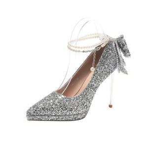Zapatos de Novia con Tacón de Aguja, Punta en Pico, Brillantes, con Correa en el Tobillo y Lazo, Super Altos, 8 cm o Más - Product Image 5