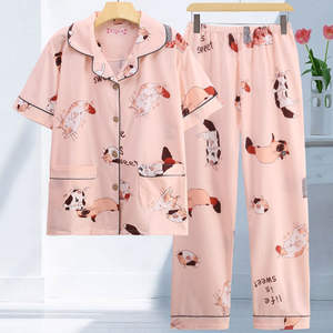 <span class=keywords><strong>Pijama</strong></span> <span class=keywords><strong>de</strong></span> verano <span class=keywords><strong>de</strong></span> algodón puro para mujer, traje <span class=keywords><strong>de</strong></span> luna <span class=keywords><strong>de</strong></span> estilo coreano informal <span class=keywords><strong>de</strong></span> talla grande, cintura elástica, pantalones finos <span class=keywords><strong>de</strong></span> manga corta <span class=keywords><strong>de</strong></span> dos piezas - Product Image 4