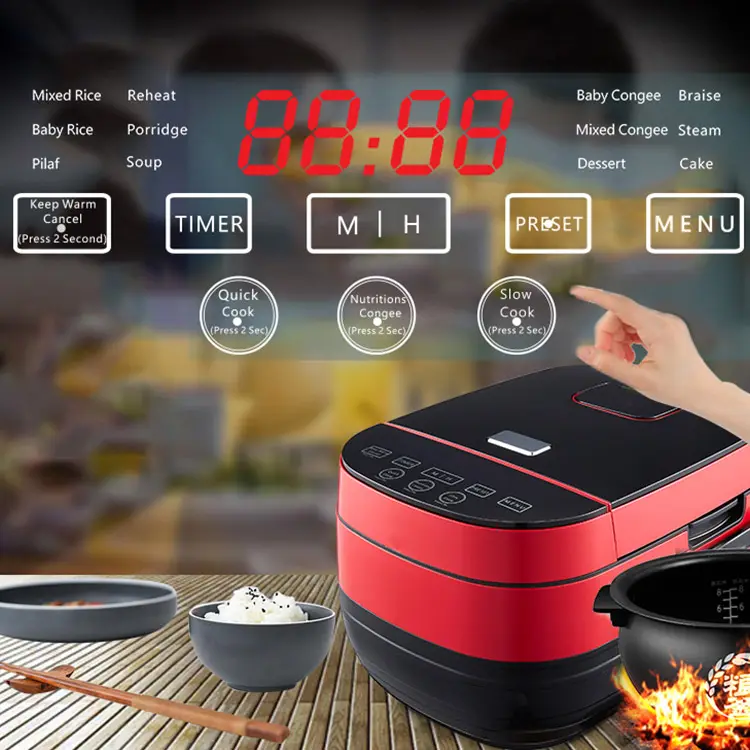 Vierkante Slowcooker Digitale Gietijzeren Binnenpot Multifunctionele Luxe Koken Elektrische Ih 5Kg Rijstkoker Rode Kleur