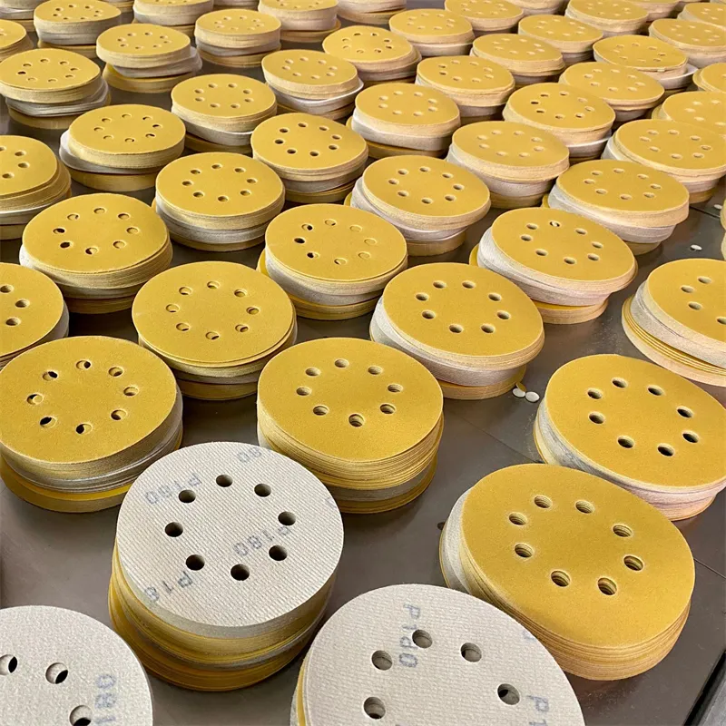 Disco de lijado amarillo 225mm 7 pulgadas Gancho y bucle Disco de lijado dorado Óxido de aluminio Uso en seco Disco de arena abrasiva para automoción