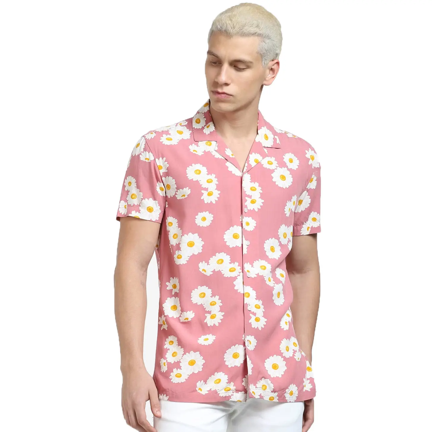 Pink Floral Print Camp Shirts Custom Logo Viscose Hawaiian Shirts For Men