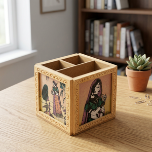 Organisateur de bureau en bois artisanal Royal Rajasthani Bani Thani à trois niveaux, fait main, multi-compartiments, pour rangement de vaisselle, salon - Product Image 3