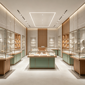 Aménagement intérieur de bijouterie de luxe, vitrine sur mesure pour bijoux, équipement de magasin, kiosque à bijoux en laiton vert pour boutique de détail - Product Image 4