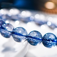 Bracelet Unisexe Tendance en Perles de Cristal de Luxe et Strass, Style Purins Naturel, avec Minéral Brésilien Bleu Super Sept et Clochette
