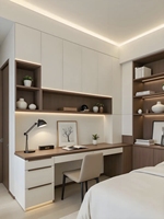 Système de rangement complet en bois massif pour bureau à domicile, avec bandes lumineuses LED, niches ouvertes et grande capacité pour organiser l'espace.
