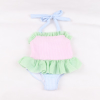 Maillot de bain une pièce tendance pour filles, à rayures colorées pastel, avec volants doux au niveau du cou, pour tout-petits et enfants