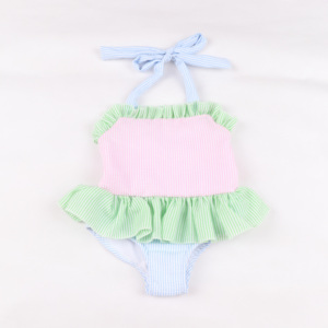 <span class=keywords><strong>Maillot</strong></span> <span class=keywords><strong>de</strong></span> <span class=keywords><strong>bain</strong></span> une pièce tendance pour filles, à rayures colorées pastel, avec volants doux au niveau du cou, pour tout-petits et enfants - Product Image 2
