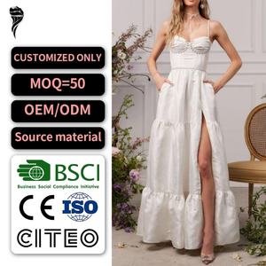 Vestido Maxi de Tirantes Finos con Volantes, sin Mangas, con Abertura Alta, Elegante, para Vacaciones, Color Blanco, para Mujer, en Oferta - Product Image 1
