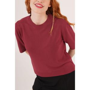 Lustrin Women's Half Sleeve Round Neck <b>Lycra</b> Thin Knit Blouse - Burgundy Viscose Fabric <b>Top</b> for Wholesale Apparel - Product Image 2