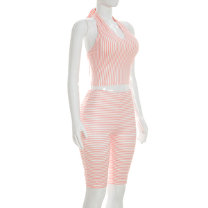 Viviblook Y26ST116 Women Summer <b>Set</b> Striped Print Halter Tank Top Tight Fitting Shorts Two Piece <b>Set</b> for Ladies - Product Image 3