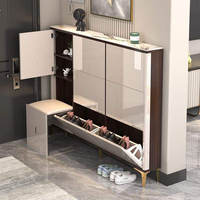 Meuble à chaussures moderne pour entrée avec banc rembourré, tiroir rabattable, plateau en marbre, porte brillante, étagère à chaussures étroite pour l'entrée de la maison