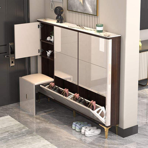Mueble <span class=keywords><strong>Zapatero</strong></span> Moderno <span class=keywords><strong>para</strong></span> <span class=keywords><strong>Entrada</strong></span> con Banco Acolchado, Cajón Abatible, Tapa <span class=keywords><strong>de</strong></span> Mármol y Puerta Brillante, Estante Estrecho <span class=keywords><strong>para</strong></span> Zapatos <span class=keywords><strong>para</strong></span> la <span class=keywords><strong>Entrada</strong></span> del Hogar - Product Image 1