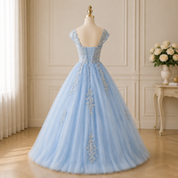 Robe de bal de luxe en tulle bleu clair avec appliques, épaules dénudées, pour Quinceañera, robe de princesse, robe de soirée, sur mesure, OEM, ODM, vente en gros