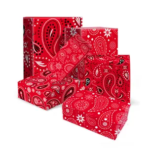 Huancai Red Bandana Wrapping Paper Sheets Paisley Design Gift Wrapping Paper Packing for Kids Birthday Western Party Supplies