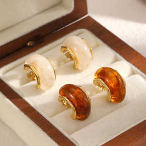 Fashion Resin <b>Titanium</b> Steel Stud Earrings For Women Amber Color Geometric Design Unique High-End Look - Product Image 1