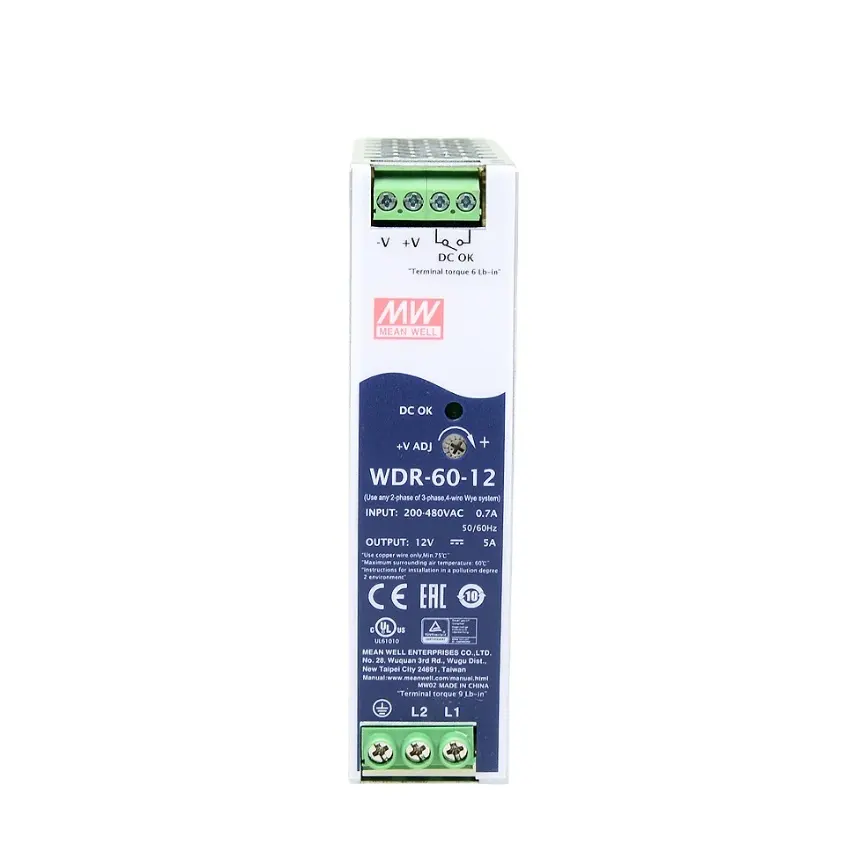 WDR-60-12 MEANWELL 60W DIN RAILタイプ12Vワイド電圧入力範囲内蔵PFCスイッチングモード電源