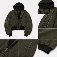 Blouson Bomber Homme Personnalisé OEM ODM à Capuche 100% Coton Épais avec Fermeture Éclair et Broderie Lettres Design Vintage Délavé Style Streetwear
