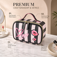 Sac cosmétique personnalisé en PU, imprimé rayures et cœurs, trousse de toilette de voyage, grande capacité, fermeture éclair, organiseur de maquillage pour femmes et filles
