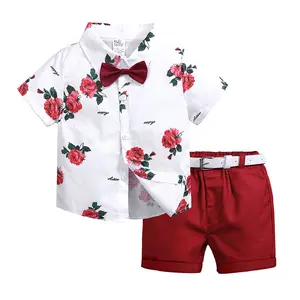 2024 European American clothing kids fashion formal dress suit floral print shirt shorts two-piece flower boy host costume