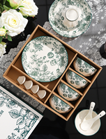 Service de Table en Céramique Style Ins Créatif – Bols, Cuillères et Assiettes en Porcelaine – Coffret Cadeau – Bols et Assiettes à Salade en Céramique Motif Fleur Vert Éclatant