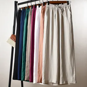 Celana panjang Yoga Linen wanita, celana panjang kasual katun Linen 100% untuk perempuan