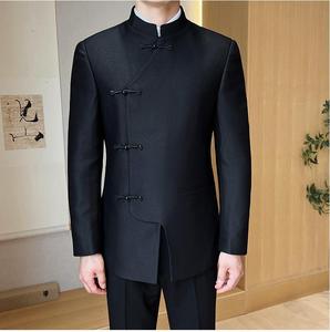Men's Chinese Style Zhongshan Single Breasted Zipper Fly Flat <strong>Suit</strong> 2-Piece Set for <strong>Wedding</strong> Hosts Plus Size - Product Image 2