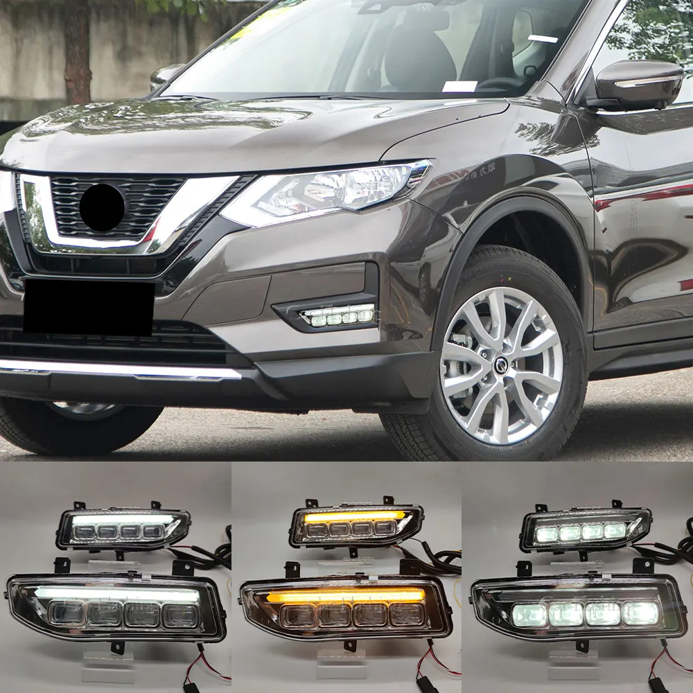 LED DRL Daytime Running Lights fog lamp cover For Nissan Rogue X-Trail Xtrail X trail 2017 2018 2019 2020 Daylight with turn sig