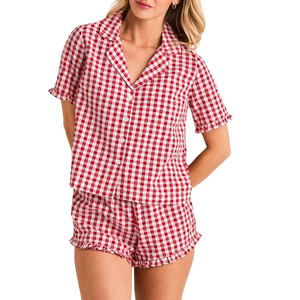 Conjunto de <span class=keywords><strong>Pijama</strong></span> a Cuadros para Mujer, con Volantes, Manga Corta, Botones, Ropa de Dormir, Pantalones Cortos de Algodón a Cuadros Rojos y Blancos - Product Image 4