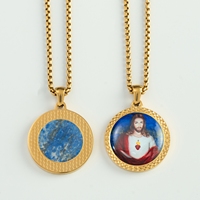 Collier pendentif avec image religieuse du Sacré-Cœur de Jésus peinte à la main sur pierre de lapis-lazuli, article religieux avec image de saint catholique, breloque personnalisée