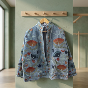 Slate Blue Cotton Embroidered Floral <b>Jacket</b> <b>Women</b> Mandarin Collar Boho Chic Short Coat Handmade Traditional Indian Outerwear - Product Image 4