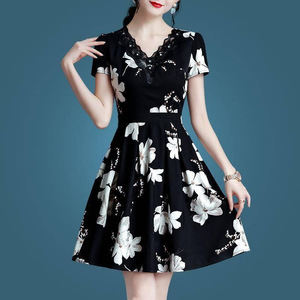 V Neck Floral Print Short Sleeve Midi Dress Tight Waist Breathable Casual Daily Wear Women's Dress - Product Image 4