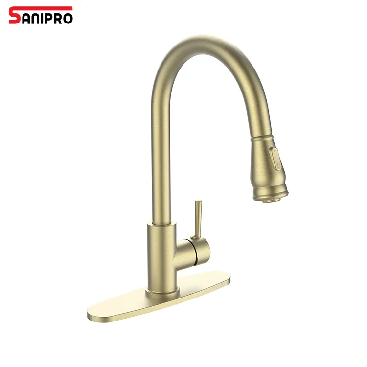 SANIPRO grifos de cocina Utilidad Comercial de alta presión Oro cepillado Manija única Pull Down Grifos giratorios para fregadero de cocina