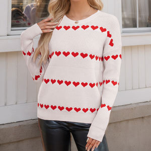 Wholesale Women <strong>Valentine</strong> Day Heart Pattern Sweater Pink Ribbed Knit Pullover Romantic Crew Neck <strong>Jumper</strong> - Product Image 4