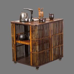 Bamboo Tea Cabinet With Induction Cooker Multi Compartment Storage On Wheels For Tea Set Display And Kitchen Use - Product Image 3