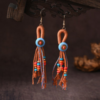 Boucles d'oreilles pendantes exotiques vintage faites à la main en coton avec pompon turquoise, personnalisées, avec perles de cuivre du Népal, cadeaux