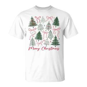 T-shirt avec nœud en forme de sapin de Noël, design rose et vert, chemise de fête pour femme - Product Image 1