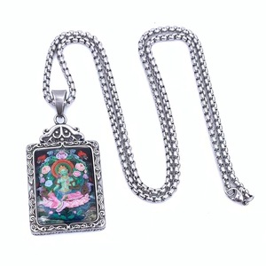 Colgante Thangka de Tara Verde, Collar con Bisel Rectangular de Acero Inoxidable para Hombre y Mujer, Regalo 216040 - Product Image 4
