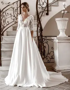 Женское атласное свадебное платье FA200, элегантное кружевное платье-трапеция с длинным рукавом и V-образным вырезом, винтажное простое платье невесты, осень 2022