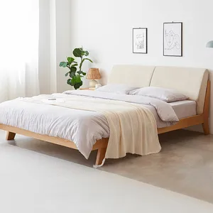 B4018 Nordic style solid OAK wood bedroom furniture with upholstered back king and queen bed frame