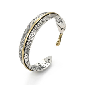 Bracelet jonc vintage pour homme à motif <span class=keywords><strong>plume</strong></span> Tang, en alliage électroplaqué, ouvert, personnalisable, bijou polyvalent - Product Image 1