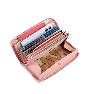 functional long women Wallet Card Holder RFID block genuine leather accordion card holder case Cell Phone checkbook wallet