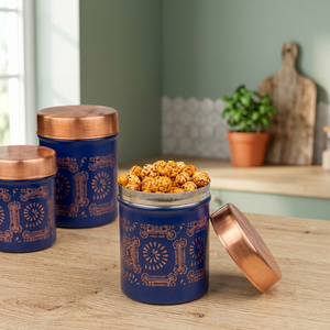 Boîte de conservation alimentaire en métal de style marocain, ronde avec couvercle, design cuivre bleu, 1-3L, boîte de rangement pour épices, garde au frais - Product Image 3