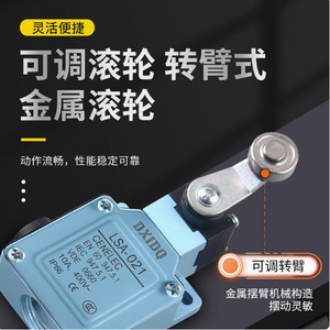 สวิตช์ลิมิตแบบลูกกลิ้งโลหะ Dxido Lsa 021 แขนปรับได้ ระดับการป้องกัน IP66 ตัวเรือนอะลูมิเนียมอัลลอยด์ หน้าสัมผัสสีเงิน - Product Image 1
