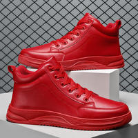 Baskets mi-montantes rouges en gros d'usine - Chaussures décontractées à lacets en PU avec semelle EVA pour hommes, style marche