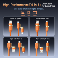 Kabel Pengisi Daya USB-C 4-in-1 Dual Output Pabrik OEM 65W PD 27W Pengisian Cepat 1m Kompatibel dengan iPhone Samsung, Dapat Dikustomisasi