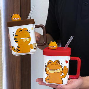 Taza de cerámica Garfield con tapa y pajita, diseño de dibujos animados, para hombres y mujeres, taza de regalo de cumpleaños - Product Image 3