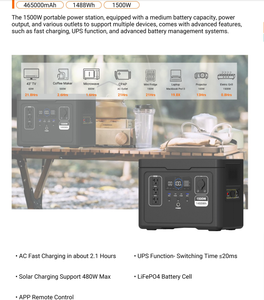 Station d'alimentation portable haute puissance 1500W 1488Wh pour extérieur, onduleur à onde sinusoïdale pure MPPT, stockage d'énergie solaire d'urgence pour la maison - Product Image 3