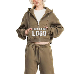 Street Casual Solid Color Vintage Cardigan Zipper Women's <b>Hoodies</b> High Quality Heavyweight Spicy Girl Cropped <b>Hoodies</b> Coat - Product Image 2