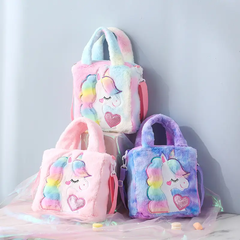 Wholesale high quality cute cartoon ladies purse shoulder bag fashion kids children unicorn plush bags women handbags