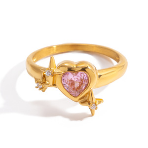 Anillo de circonita en forma de corazón con diseño de estrella para mujer, regalo, joyería, engaste de púas, tono dorado - Product Image 5